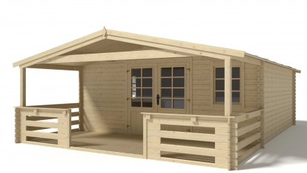 Abri de jardin en bois - 5x5 m - 35 m2 + terrasse avec balustrade et avant-toit en bois