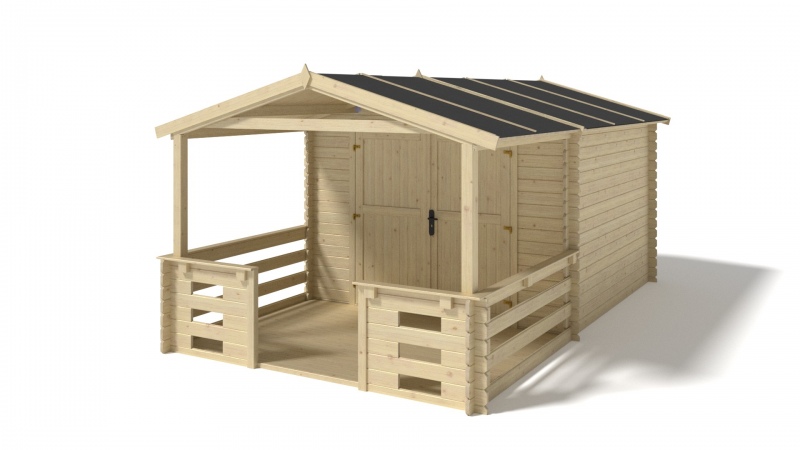 Abri de jardin en bois - 3x3 m - 15 m2 + terrasse avec balustrade et avant-toit en bois