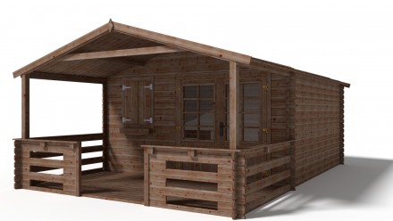 Abri de jardin en bois - 4x4 m - 28 m2 + terrasse avec balustrade et avant-toit en bois - Traité