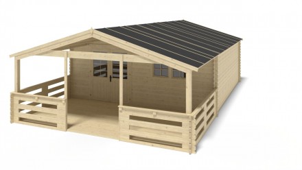 Casetta da giardino in legno con veranda e tettoia - 54m2 - 6x6m - 40mm - colore: naturale