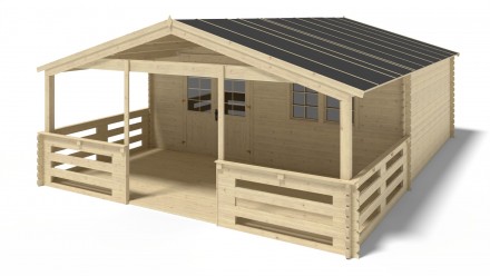 Abri de jardin en bois - 6x5 m - 48 m2 + terrasse avec balustrade et avant-toit en bois